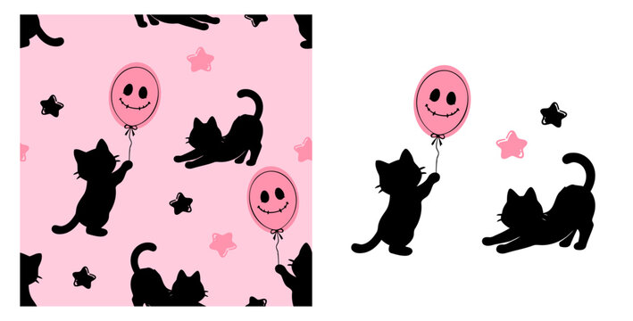 Cute seamless Halloween black cat pattern featuring playful kittens with spooky smiling balloons and stars in hand drawn flat vector.