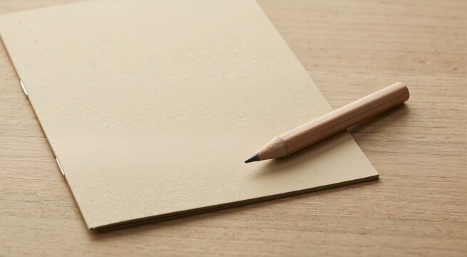 Small wooden golf pencil without eraser on blank brown paper booklet. Minimalist stationery on light wood desk surface. Copy space for text