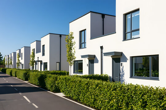 Beautiful modern detached houses in white with dark borders follow a tidy asphalt path. Lush, pristine green hedges frame the sleek facades against a bright, clear blue sky. This new residential area 