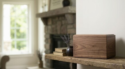 Obraz premium Wooden cremation urn box on a rustic shelf with vintage books and lavender. Home memorial and remembrance concept
