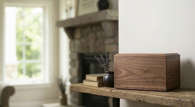 Wooden cremation urn box on a rustic shelf with vintage books and lavender. Home memorial and remembrance concept