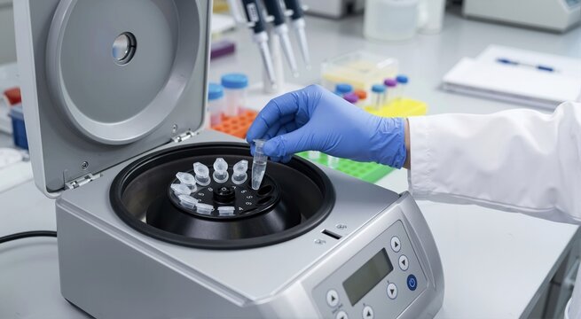 Scientist placing DNA extraction vial into centrifuge. Hand in blue glove loading microcentrifuge tube in laboratory. Biological research and testing