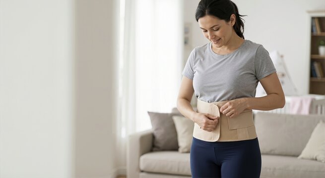 Smiling woman adjusting a beige postpartum abdominal binder around her waist. Mother wearing a supportive compression belt in a bright living room