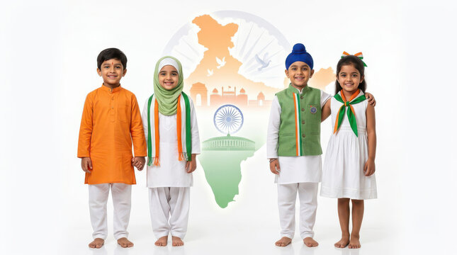 India Independence Day Poster with Diverse Indian Kids in Traditional Attire, Map of India and Monument Background, Unity in Diversity Concept for Banner, Poster, Card Design