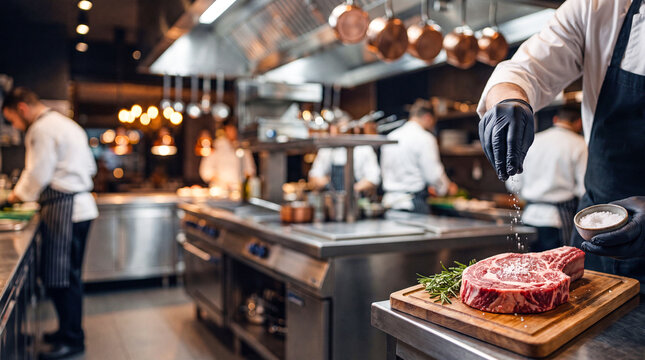 Chef seasoning raw steak in professional kitchen. Culinary expert preparing meat for cooking.
