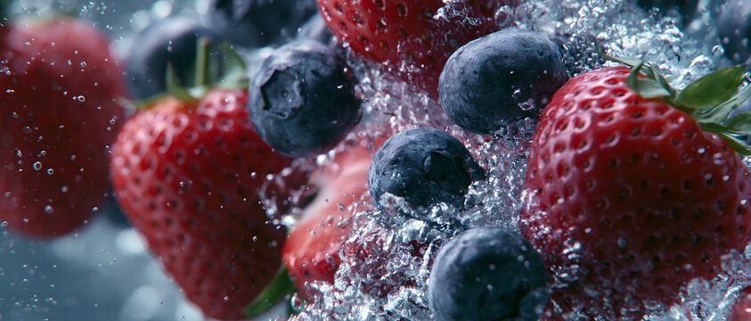 Strawberries And Blueberries Splashing In Water Close up Photo berry berries strawberry blueberry fruit fruits splash drops liquid fresh freshness red blue close up