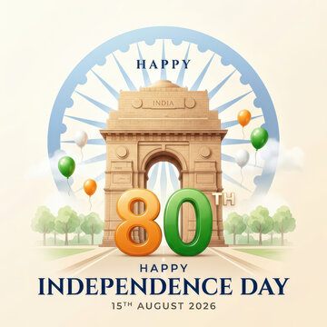 India Independence Day 80th Anniversary Poster with India Gate Monument, Tricolor Balloons, Happy 15th August 2026 Celebration Banner Design, Patriotic Illustration Greeting Card