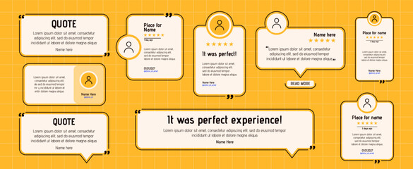Fototapeta premium Pack with different shapes Testimony layouts. Cute simple design with five stars rating and text recommendations.