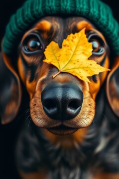 Cute dapple Dachshund dog in a green beanie hat with a yellow autumn leaf on its nose