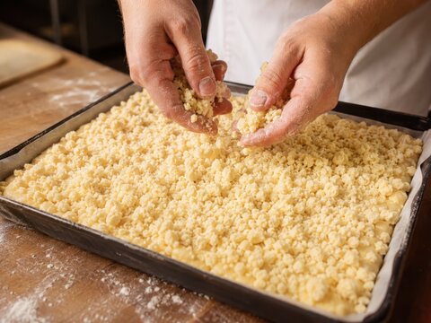 Streuselkuchen zubereiten mit H&auml;nden &ndash; Feine Streusel werden gleichm&auml;&szlig;ig auf den vorbereiteten Blechkuchen verteilt. Authentische Backszene eines beliebten deutschen Kuchenklassikers.