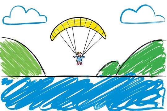Stick figure paraglider flying high with yellow parachute over blue water in hand drawn sketch style, adventure concept