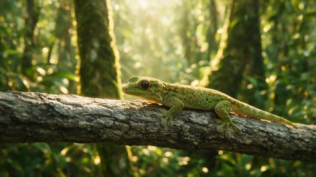 gecko resting on tree trunk close up in bali tropical forest indonesia morning light video