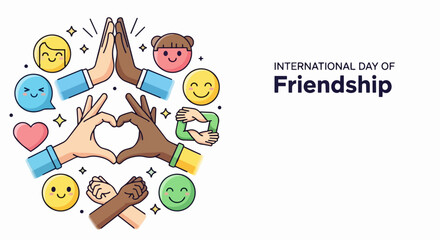 Fototapeta premium International Day of Friendship vector illustration with diverse hands making heart shape. International Day of Friendship graphic template featuring colorful hands and smiles.