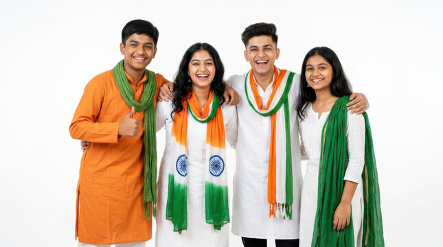 Joyful India Independence Day group portrait showcasing four happy Indian young adults in traditional clothing with patriotic tricolor scarves celebrating unity, diversity and national pride