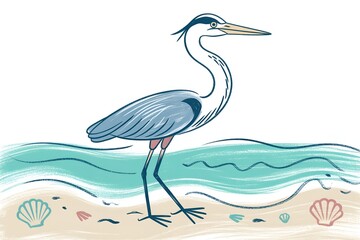 Fototapeta premium Grey heron bird standing on sandy beach shore near sea waves in hand drawn sketch style for coastal wildlife, nature concept