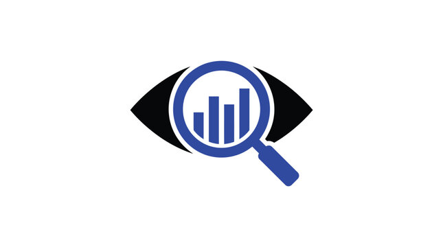 A minimalist flat vector icon showing a blue magnifying glass focused on a bar chart inside a black eye shape