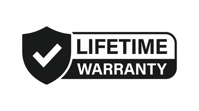 A bold black and white lifetime warranty badge featuring a protective shield icon with a prominent white check mark symbol