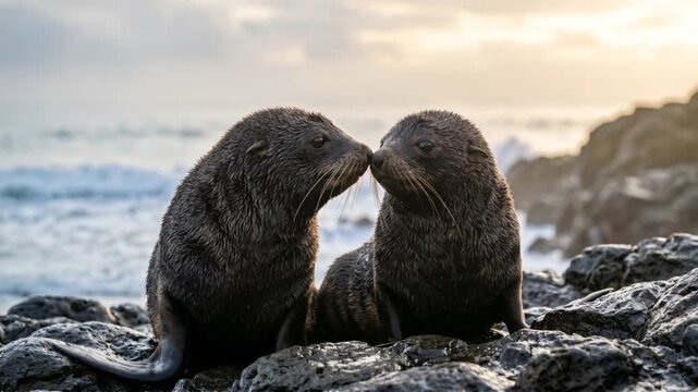 two fur seal close up in cape fur seal colony namibia morning light video