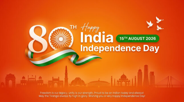 Vibrant India Independence Day 80th anniversary celebration banner featuring elegant typography, flowing tricolor ribbon and city skyline on an orange background honoring freedom, unity and pride