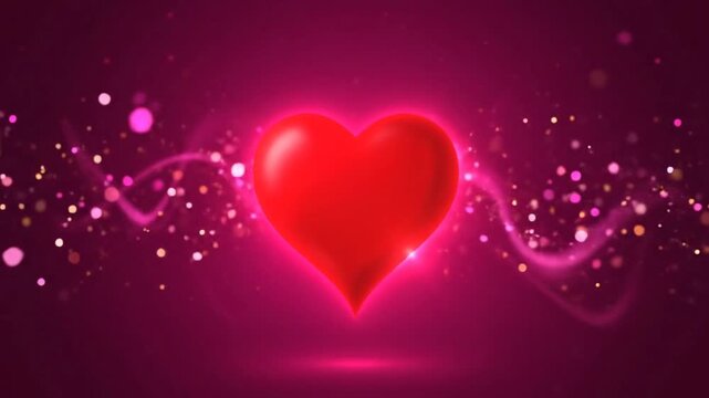 A glowing red heart floats amidst magical sparkling pink particles