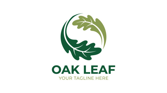Minimalist circular logo design featuring two overlapping green oak leaves with a smooth vector style on a clean white background