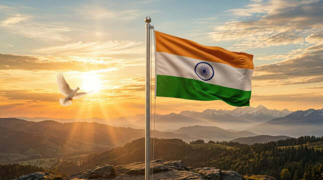 Majestic India Independence Day landscape featuring the Indian national flag waving above scenic mountain ranges at sunrise with a white dove in flight, symbolizing peace, freedom and patriotism