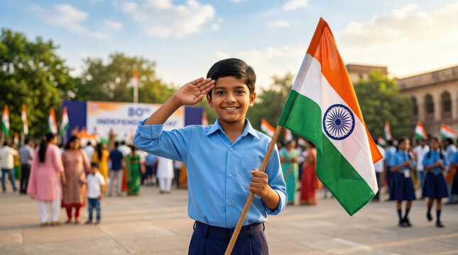 Joyful India Independence Day celebration featuring a smiling Indian schoolboy saluting while proudly holding the national flag during a patriotic school event, symbolizing freedom, unity and pride