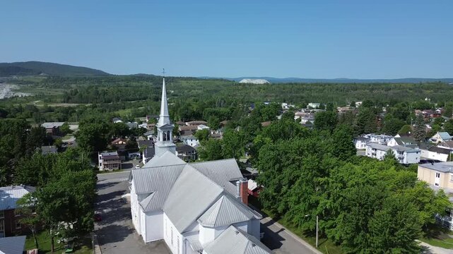 Aerial view of an old church in a mining town