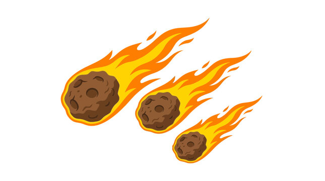 Illustration of three burning meteorites falling through space