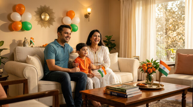 Happy Indian family celebrating India Independence Day in cozy living room with tricolor balloon decorations, smiling parents and child enjoying patriotic home celebration, unity, freedom and national