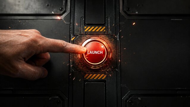 Human hand pressing the Launch button, sparks of light, dramatic tension