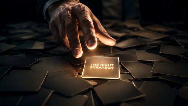 Executive hand hovering above one final glowing strategy card among dozens of discarded options