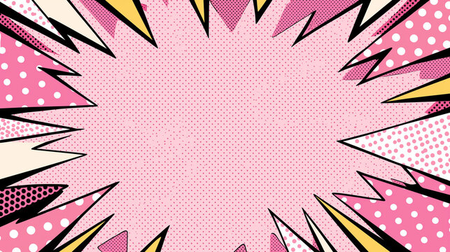 Dynamic manga explosion with radial speed lines and comic burst effects. Vibrant cartoon background featuring abstract energy patterns and light rays in bold colors
