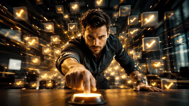 Worker making one final decisive move while dozens of completed tasks explode into glowing checkmarks behind them, emotional victory