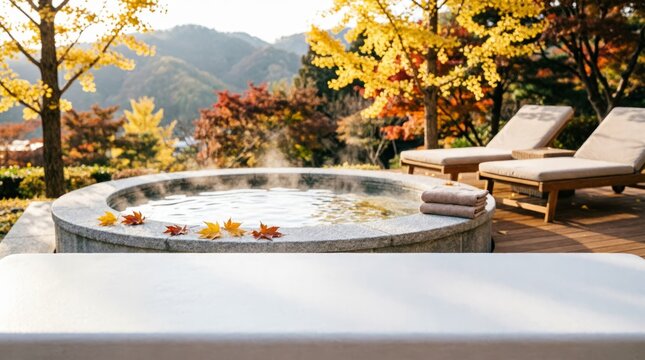 Outdoor Hot Spring with Autumn Leaves and Mountain View for Relaxation Concept