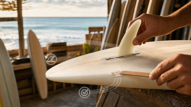 Coastal Surfboard Fin and Fiberglass Repair in Ocean Workshop