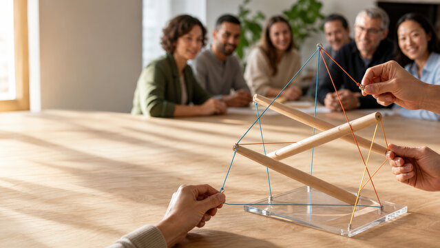 Tensegrity Structure Team Support Exercise with Sticks and Strings