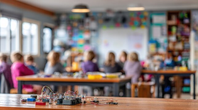 Children experimenting with miniature circuits and sensors at a lively makerspace on a sunny afternoon isolated in clear focus amid an outoffocus colorful classroom backdrop.