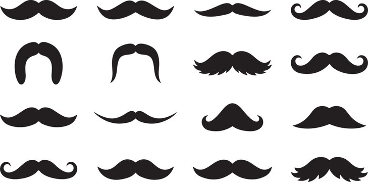 Set of various black mustache silhouettes for men isolated on a white background for design projects