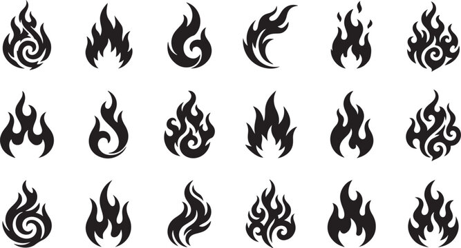 Set of black fire flame icons and vector silhouettes isolated on a white background for design elements