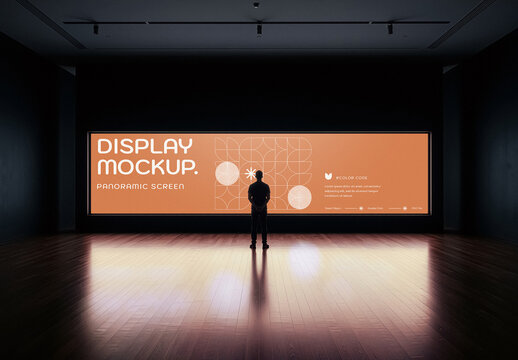 Exposition Screen Mockup In Dark Room. Large LED Display Presentation Scene