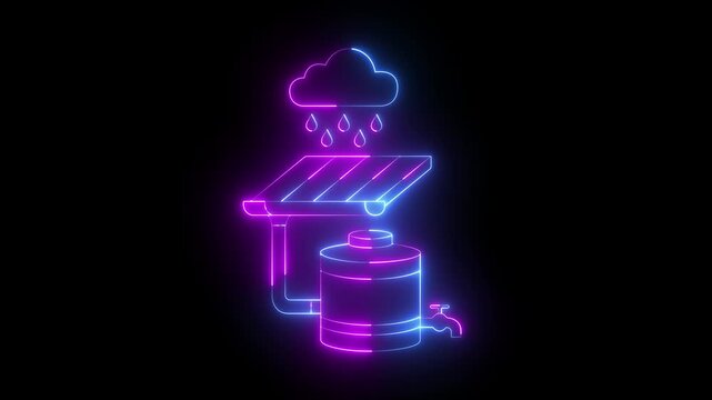 glowing neon Solar Powered Water Tank Systems, Rainwater Harvesting icon isolated on black background. Rainwater collection system with solar panel and storage tank. 4k video animation.