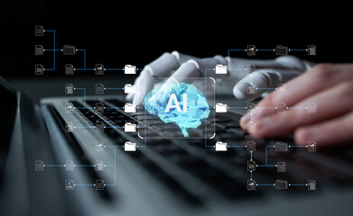 Fototapeta premium Creative Digital Concept of Artificial Intelligence with Hands Typing on Laptop Surrounded by Data Connection Graphics and Neural Network Symbols. Sentient.