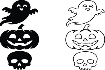 Obraz premium Halloween Vector Icons Set Featuring Cute Smiling Ghost, Jack-o-Lantern Pumpkin, and Human Skull in Silhouette and Outline Styles for Spooky Festive Decorations and Creative Graphic Design.