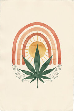 Cannabis leaf under a rainbow illustration