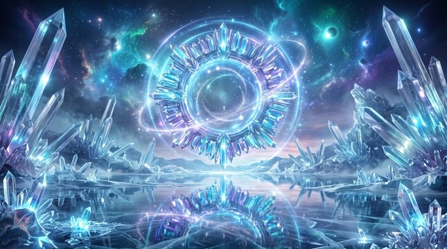 Mystical crystal portal in cosmic landscape, glowing magic circle with blue quartz clusters, ethereal fantasy galaxy background with nebula stars