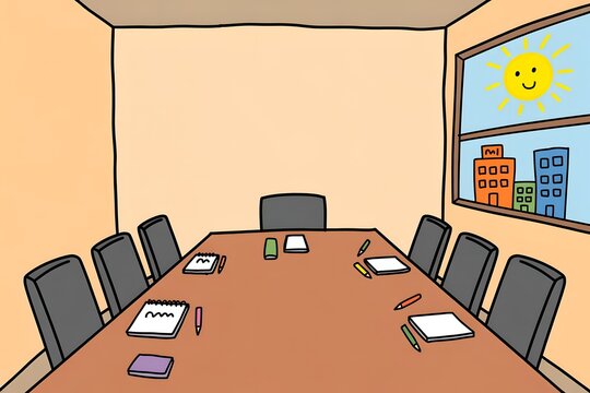 Empty office conference meeting room with wooden table rendered in hand drawn crayon sketch art, corporate concept