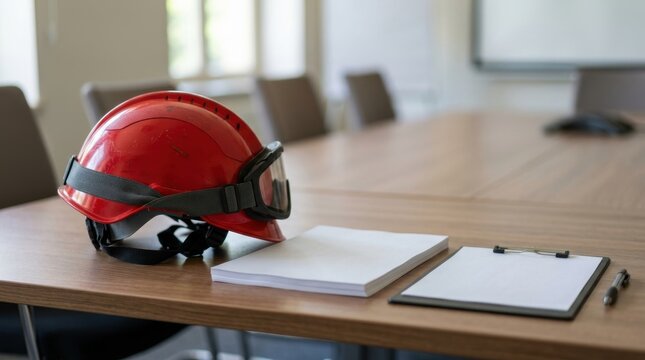 Red hard hat with safety goggles and blank clipboard on a conference table. Industrial safety personnel briefing and training preparation concept. Copy space for text