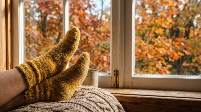 Feet in yellow fuzzy socks resting on a window sill. Cozy autumn scene with knitted blanket and fall leaves outside. Concept of rest and seasonal comfort