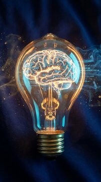AI Light Bulb with Glowing Human Brain and Digital Circuits for Innovation and Tech Concepts